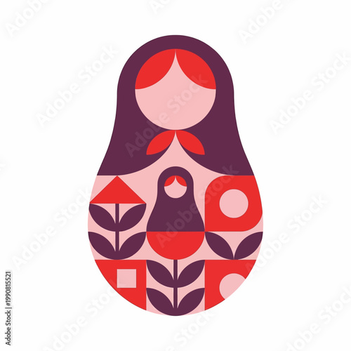 Abstract Russian Matryoshka doll with geometric floral pattern in shades of pink and purple, a stylized folk art illustration