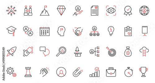 Red black thin line icons set for business challenge and motivation for career growth, professional ambitions and risks, success leadership and launch finance projects vector illustration.