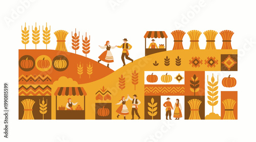 Harvest Festival Celebration with Traditional Folk Dancers and Autumnal Decorations