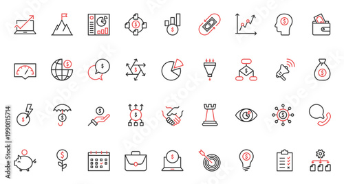 Red black thin line icons set for business strategy, activity process, organization of corporate company growth, control goal solution and idea, assessment of trends sales funnel vector illustration.