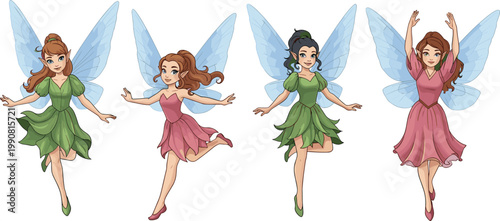 Magical fairy girl vector character set featuring cute woodland sprites with translucent blue wings, green and pink leaf dresses, and graceful poses for fantasy designs.