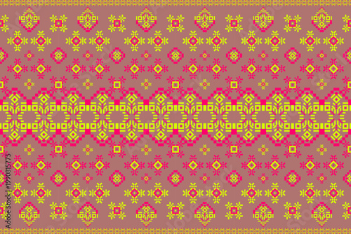 Geometric seamless pattern with pixel-style yellow and pink motifs on a brown background. Suitable for fabric, wallpaper, wrapping paper, digital art, and traditional textile design.