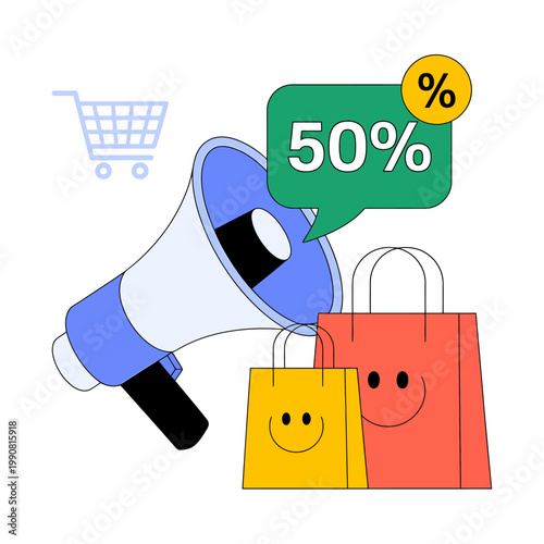 Cartoon illustration of shopping bags and megaphone with fifty percent discount sign