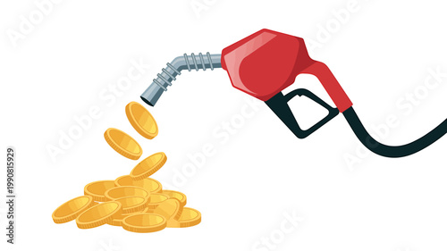 Fuel nozzle dispensing gold coins on white background
