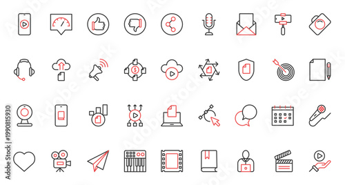 Content creation trendy red black thin line icons set vector illustration. Digital marketing, storytelling in social media, online patent for author and original text protection, creative blog design.