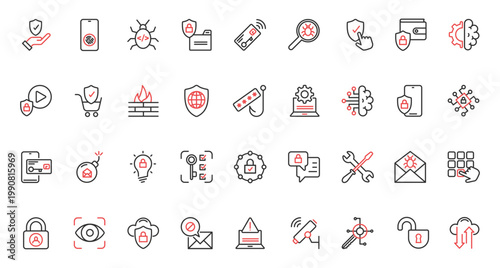 Secure information trendy red black thin line icons set vector illustration. Internet technology, protection from virus attack, malware, and access in network.