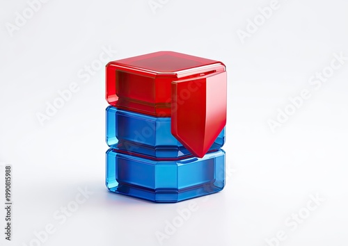 Stacked translucent geometric shapes, red on top, blue below, against white