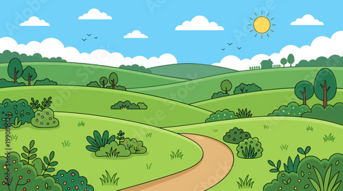 A serene landscape of rolling hills and trees under a sunny sky with a winding road