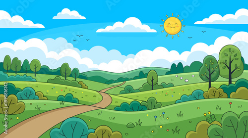 Sunny day scenery with a winding road through green hills and trees under a blue sky