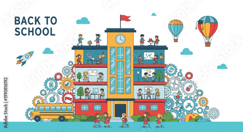Detailed illustration of a school building with active classrooms students learning teachers working a school bus playground and school life.