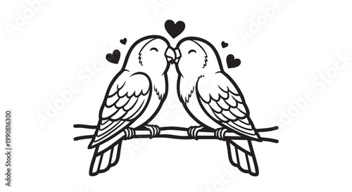 Romantic Lovebirds, Kissing Birds, Heart Icons, Vector Illustration, Black and White, Valentine's Day Symbols