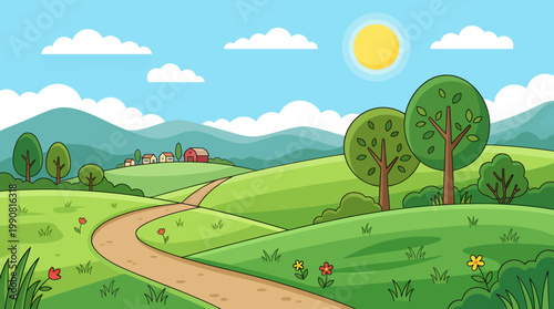 A serene landscape with a winding road through green hills and trees under a sunny sky with clouds