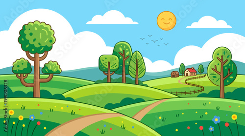 A serene countryside scene with trees, house, road, flowers, and sunny weather.