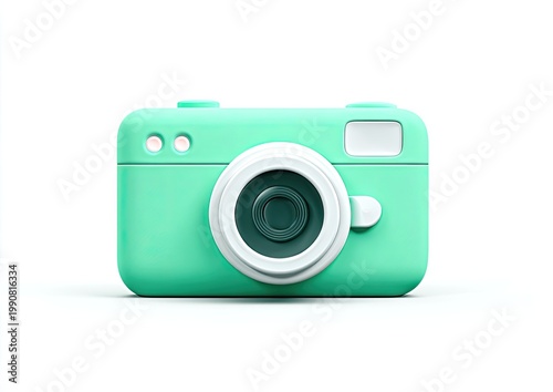 A stylized, mint green, cartoonish camera with a white lens surround