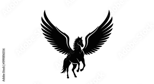 Black silhouette of a winged horse, Pegasus, with spread wings on a white background.