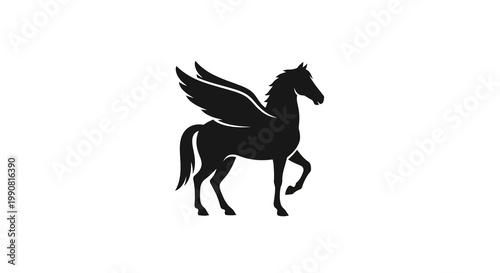 Black silhouette of a winged horse, Pegasus, standing isolated on a white background.