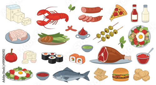 Comprehensive collection of food items including lobster steak sushi pizza burger salad fish meat vegetables sauces and snacks on a white backdrop.