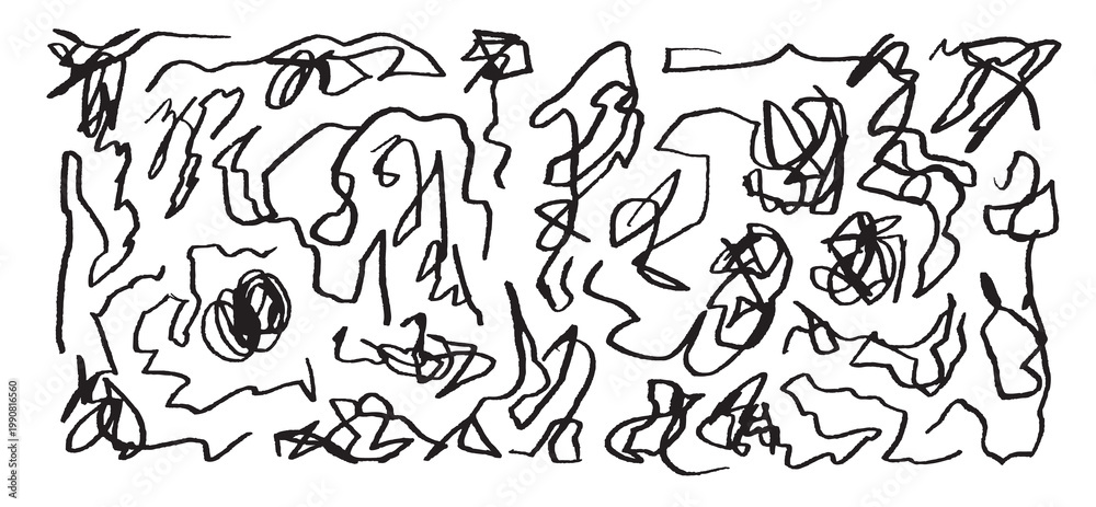 Fototapeta premium Background with drawn scribble lines and doodles. Collection pencil curved lines. Black curvy hand drawn elements. Rough freehand brush elements with wavy lines