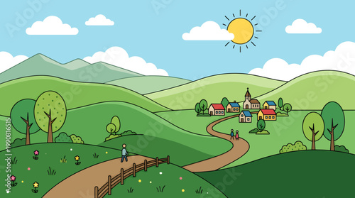 A serene landscape of rolling hills with a winding road leading to a distant village under a sunny sky.