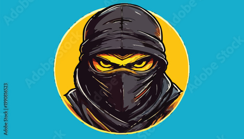 Intense Ninja Character with Piercing Yellow Eyes and Hooded Mask.