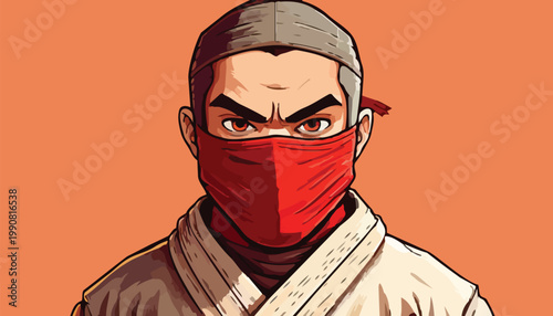 Intense Ninja Warrior with Red Mask and Focused Gaze.