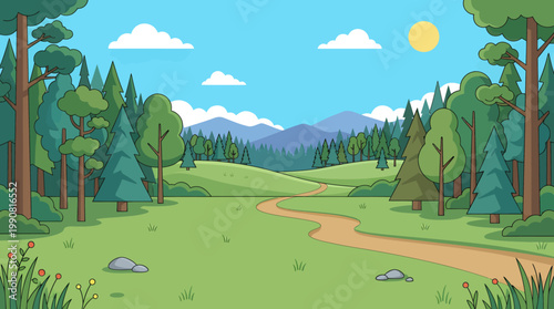 A serene landscape of trees and a winding road under a sunny sky with mountains in the distance