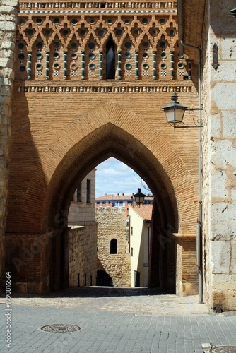 Looking under Torre de San Martín towards Portal de Daroca, Teruel, Aragon, Spain.