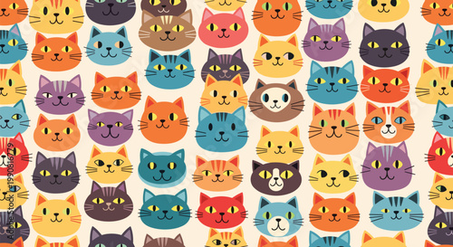 Cute and colorful seamless pattern featuring many different cat faces with various breeds colors and expressions for pet lovers and kids products.