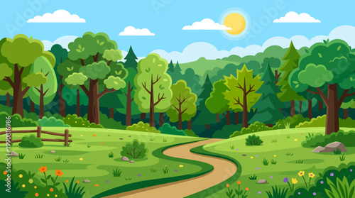 A serene landscape featuring a winding path through trees and grassy areas under a sunny sky.