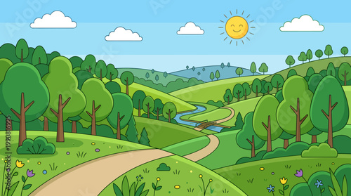 A serene landscape scene with a winding road through green hills and trees under a sunny sky with fluffy clouds.