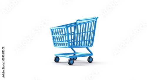 A bright blue shopping cart stands on four wheels against a white background