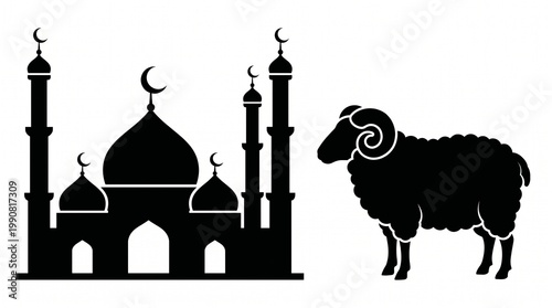 Eid ul Adha eid Eid al-Adha, Islamic, mosque, ram silhouette, crescent moon star isolated on White Background vector