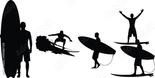 Silhouettes of Surfer in Various Poses, Surfing and Beach Sports Icon for Water Sports and Outdoor Activities