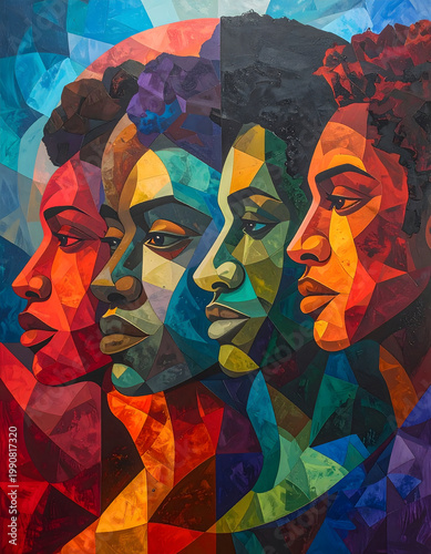 Diverse Minds: Group of abstract faces, geometric style, merging human profile, thoughtful expression, vibrant color, diversity, artistic composition