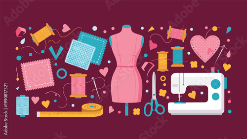Comprehensive flat lay illustration of essential sewing and tailoring tools, including a mannequin, sewing machine, threads, and fabric, ideal for craft and hobby designs.