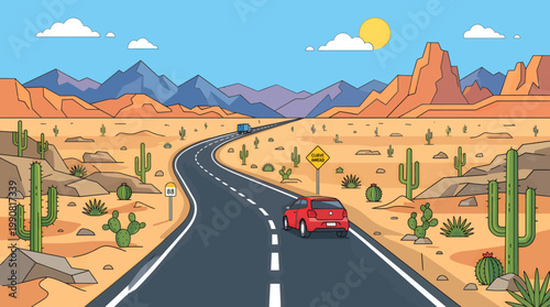 A red car drives down a desert road with cacti and mountains