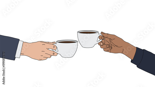 Two diverse hands, one light-skinned and one dark-skinned, toasting coffee cups together, symbolizing unity, friendship, and shared moments over beverages.