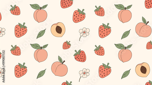 Delightful seamless pattern featuring a charming mix of fresh strawberries, ripe peaches, and delicate flowers, creating a sweet and inviting summer fruit background.
