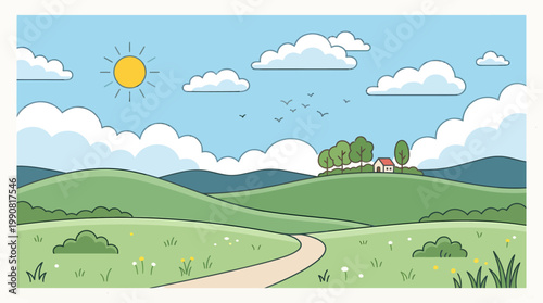A serene landscape of rolling green hills and a winding path leading to a house under a sunny sky with fluffy clouds.