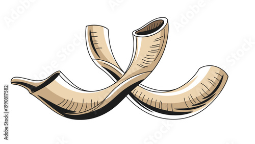 Two overlapping shofars, traditional Jewish musical instruments made from ram's horns, symbolizing Rosh Hashanah and spiritual awakening, rendered with classic elegance.