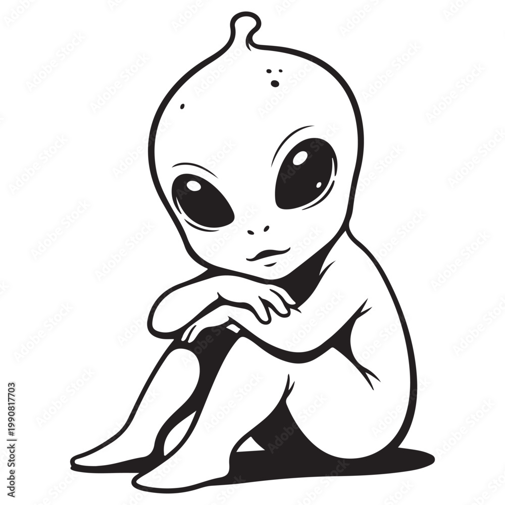 Obraz premium Cute baby alien sitting and hugging knees black and white vector illustration for mascot or sticker design