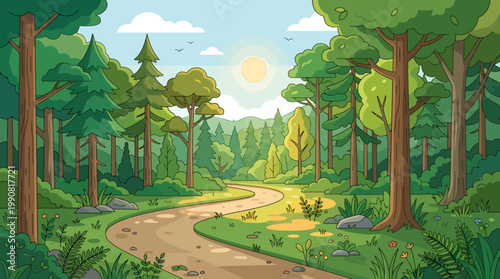 A picturesque animated forest journey sunlit trees and a winding pathway inviting exploration in a serene natural setting