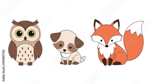 Adorable collection of cute forest animals, including a wise owl, a playful puppy, and a cunning fox, rendered in a charming cartoon style for children's designs.
