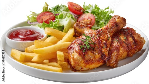 Savory roasted chicken drumsticks with fries, salad, and ketchup