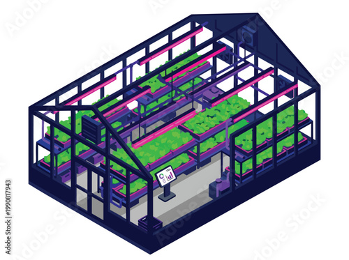 Isometric smart agriculture vector illustration of a modern greenhouse with vertical farming and led lights