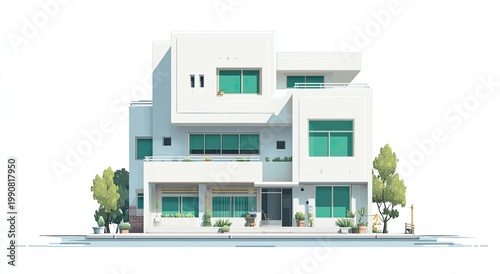 Modern white multi-story house with large windows and greenery