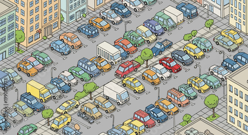 colorful city street with traffic jam and buildings illustration