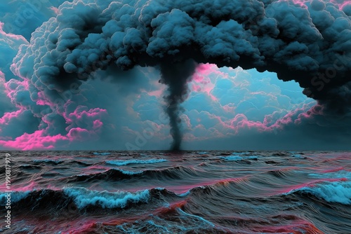 dramatic ocean storm with a dark tornado, massive clouds, and powerful waves in a surreal seascape under glowing light