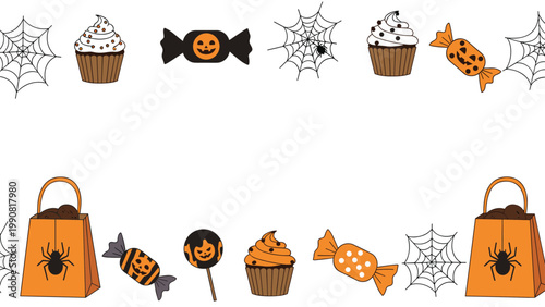 Festive Halloween border design featuring delicious cupcakes, spooky candies, intricate spiderwebs, and treat bags, perfect for party invitations and decor.
