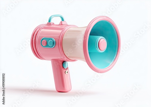 Pink and teal cartoon megaphone object with handle, speaker, and buttons